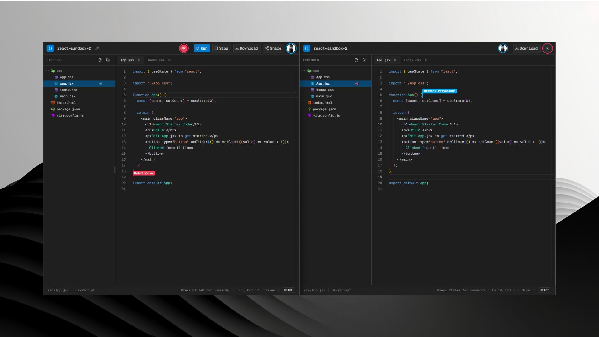 Real-time collaboration with live cursors from two users in the same file