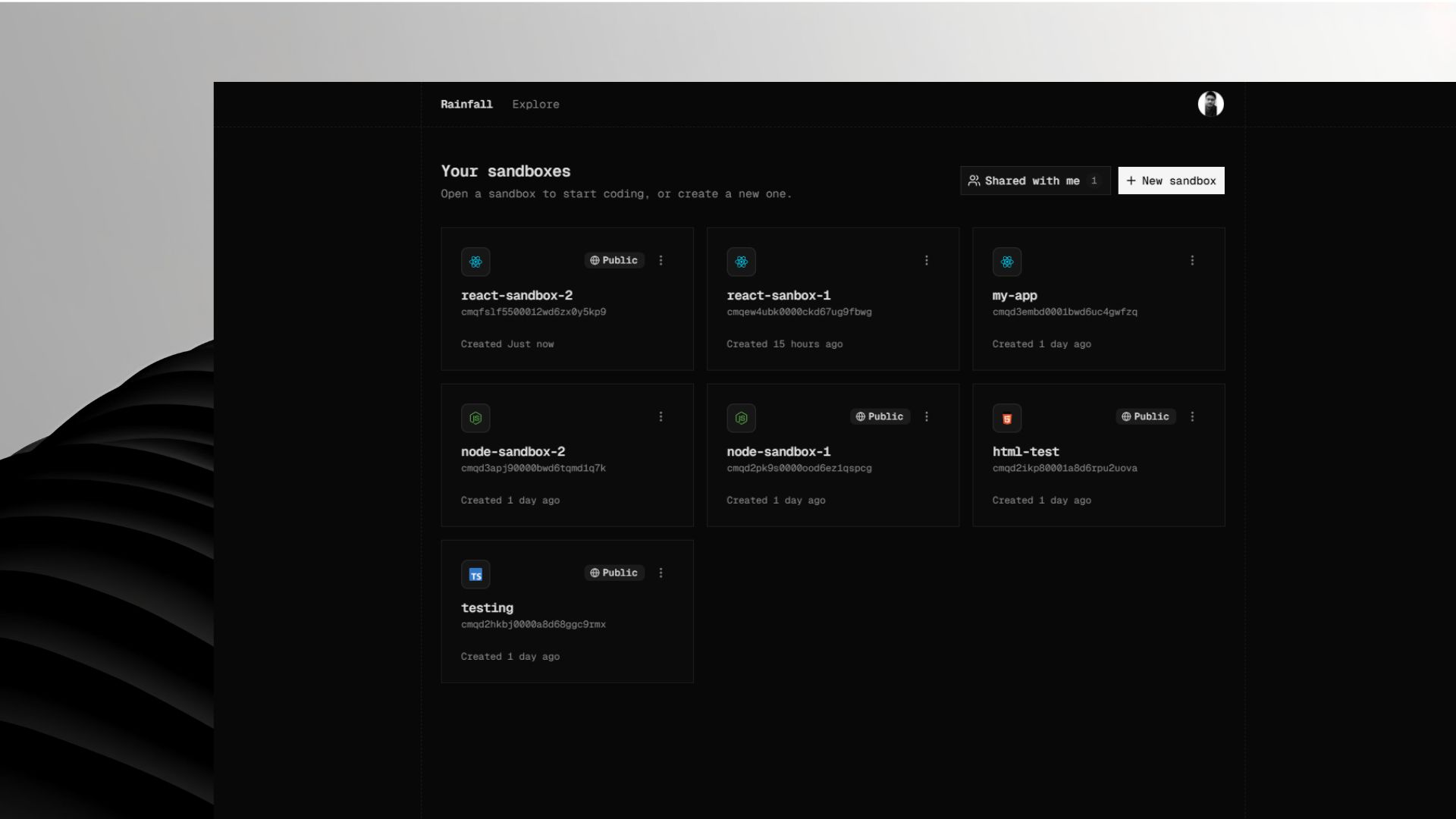 Rainfall dashboard showing sandboxes and project templates