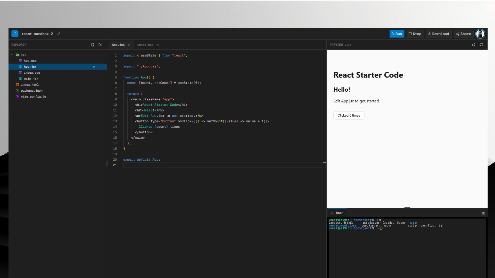 Rainfall IDE with editor, live preview, and terminal